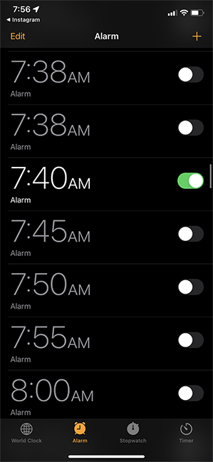 screenshot of list of alarms